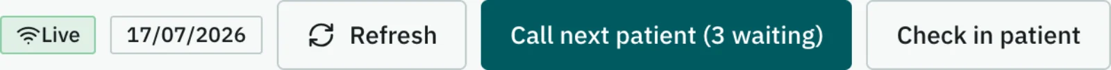 The queue toolbar: a live badge, today's date, and one Call-next-patient button